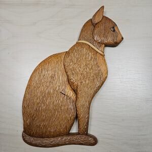 Hand-Made Intarsia Natural Wood Art Sitting Cat Wall Hanging Mosaic 3D Sculpture